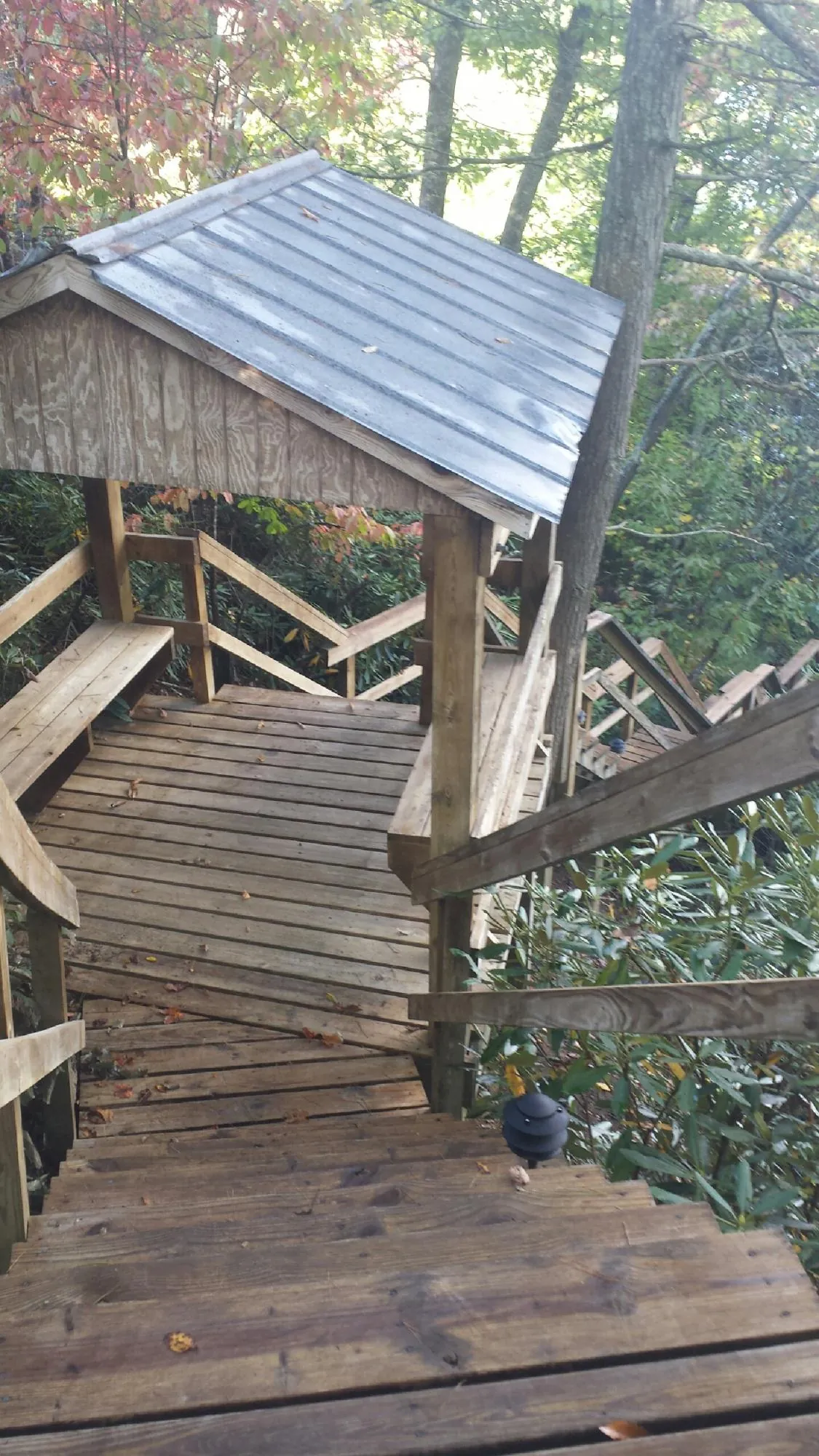 Metal roofed shelter over wooden steps on a wooded walkway — Skylight Repair & Installation work by our crew in Greycliff